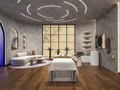 Relaxing SPA Sauna Interior With Treatment Bed Wooden Floor Circular Ceiling Lights And Stone Wall 3d model