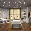 Relaxing SPA Sauna Interior With Treatment Bed Wooden Floor Circular Ceiling Lights And Stone Wall
