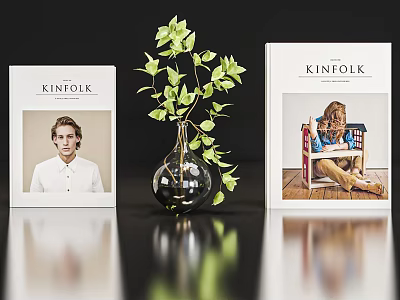 Decorative Ornament Set With Two KINFOLK Magazines Glass Vase And Green Plant 3d model
