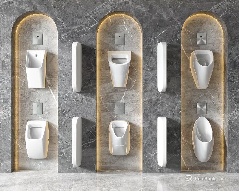 Sleek Modern Urinal Design With Marble Wall Mounting And Recessed Lighting 3d model 