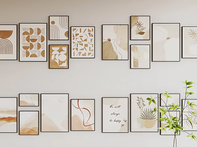 Abstract Paintings Wall Arrangement With Various Abstract Designs Neutral Tones And Framed Artworks For Home Decor 3d model
