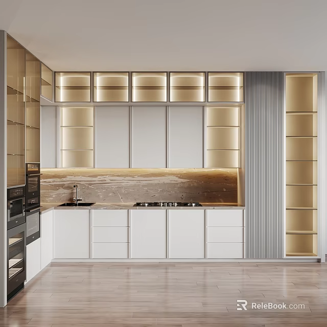 Sleek Modern Kitchen Interior Design With White Cabinets Wooden Countertop And Recessed Lighting 3d model 