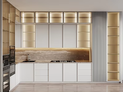 Sleek Modern Kitchen Interior Design With White Cabinets Wooden Countertop And Recessed Lighting 3d model