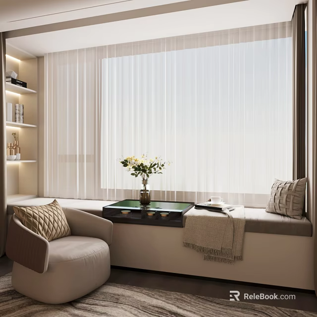 Modern Bay Window Cabinet With Curtains Armchair Pillow And Flower Vase 3d model 