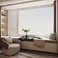 Modern Bay Window Cabinet With Curtains Armchair Pillow And Flower Vase