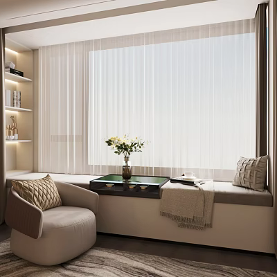 Modern Bay Window Cabinet With Curtains Armchair Pillow And Flower Vase 3d model