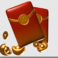Red Envelopes With Gold Yen Symbol Coins And Ingot Decorations On White Background