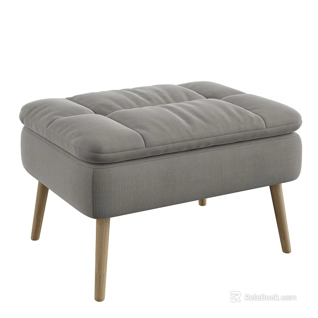 Gray Upholstered Stool with Padded Tufted Seat and Wooden Legs for Modern Home Decor 3d model 