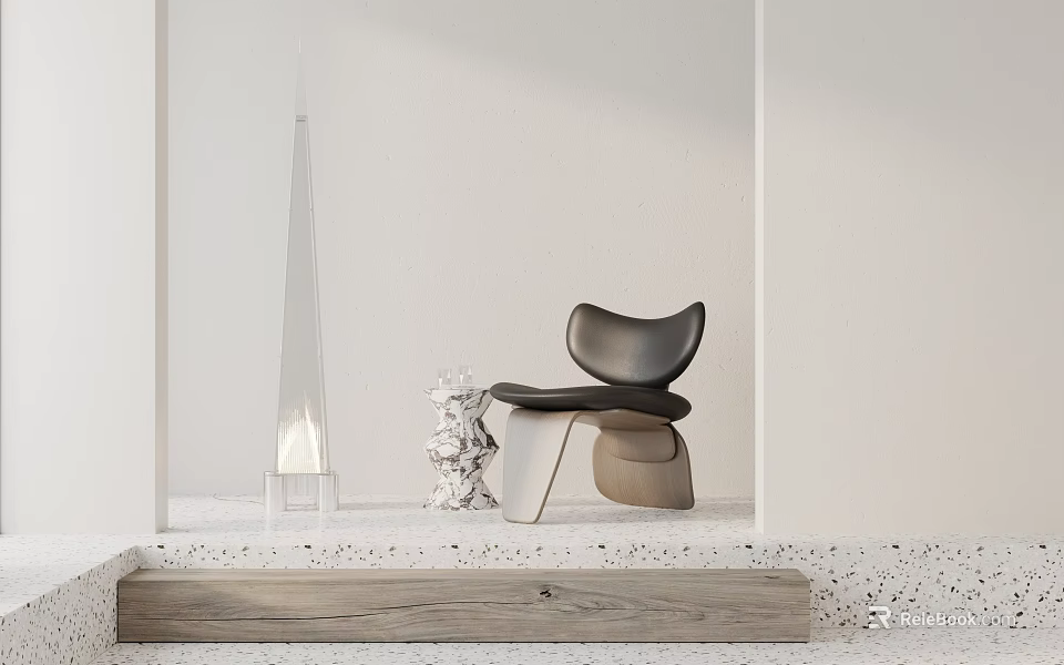 Black Modern Design Leisure Chair With Decorative Ornament On Wooden Platform And Terrazzo Floor 3d model 