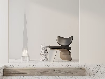 Black Modern Design Leisure Chair With Decorative Ornament On Wooden Platform And Terrazzo Floor 3d model