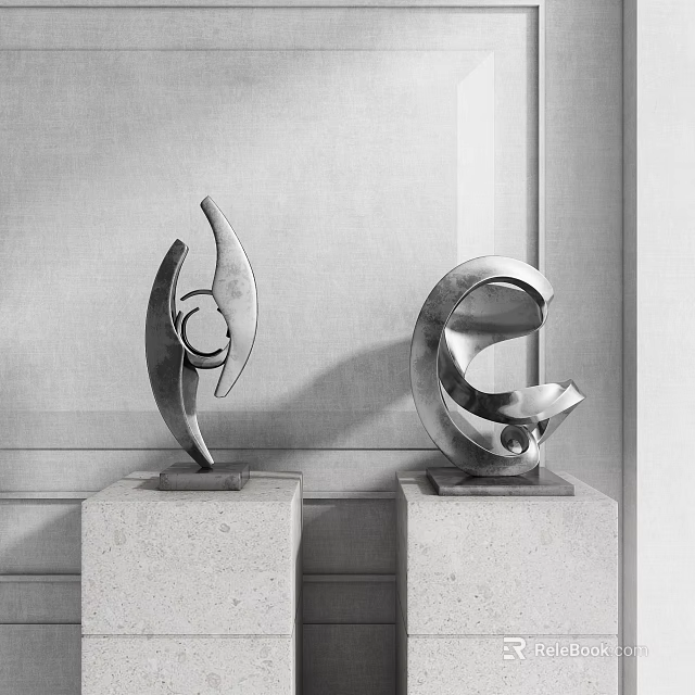 Artistic Abstract Metal Sculptures Carvings On Stone Pedestals With Modern Wall Background Design 3d model 