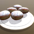 Four Fresh Golden Brown Donuts With Powdered Sugar On White Plate