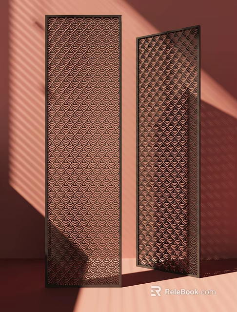 Elegant Chinese Style Room Divider With Scallop Pattern And Metal Frame 3d model