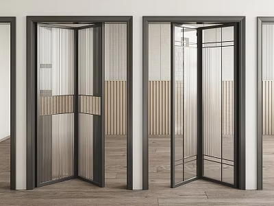 Modern Sliding Glass Doors With Metal Frames In Interior With Striped Walls And Wooden Flooring 3d model
