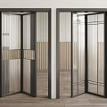 Modern Sliding Glass Doors With Metal Frames In Interior With Striped Walls And Wooden Flooring