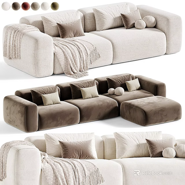Modern Velvet Sectional Sofa in Beige and Brown with Decorative Pillows Throw Blanket and Ottoman 3d model 