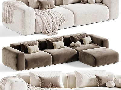 Modern Velvet Sectional Sofa in Beige and Brown with Decorative Pillows Throw Blanket and Ottoman 3d model