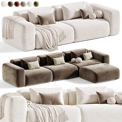 Modern Velvet Sectional Sofa in Beige and Brown with Decorative Pillows Throw Blanket and Ottoman 3d model