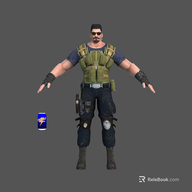 Tactical Character Wearing Green Vest Dark Pants And Knee Pads With Energy Drink Can 3d model 