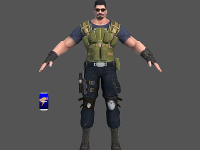 Tactical Character Wearing Green Vest Dark Pants And Knee Pads With Energy Drink Can 3d model
