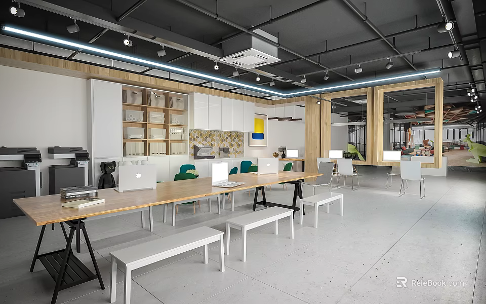 Modern Office Interior Design With Wooden Long Table White Benches Green Chairs And Bookshelves 3d model 