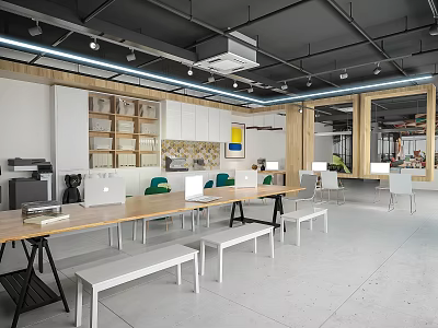 Modern Office Interior Design With Wooden Long Table White Benches Green Chairs And Bookshelves 3d model