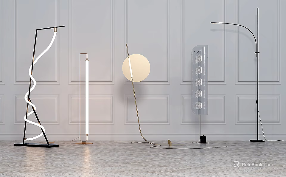 Various Modern Floor Lamps With Circular And Linear Designs In White Wall Interior 3d model 