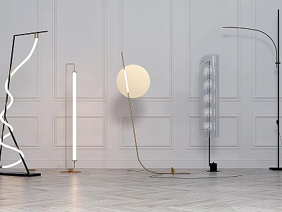 Various Modern Floor Lamps With Circular And Linear Designs In White Wall Interior 3d model