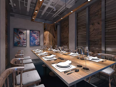 Elegant Private Dining Room Featuring Long Wooden Table Tableware Wine Glasses Chairs And Artworks 3d model