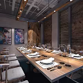 Elegant Private Dining Room Featuring Long Wooden Table Tableware Wine Glasses Chairs And Artworks