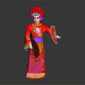 Traditional Chinese Opera Performer In Red Embroidered Costume With Fan And Stick