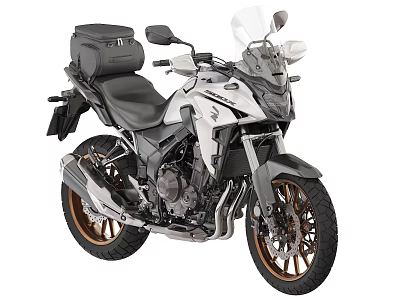 Modern Adventure Touring Motorcycle With White Gray Body Black Luggage And Golden Wheels 3d model
