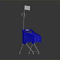 Blue Shopping Cart With Display Sign And Metal Frame On Wheels