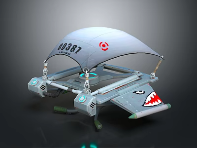 Futuristic Vehicle Featuring NO387 Label Red Logo Gray Canopy And Winged Propulsion Structure 3d model