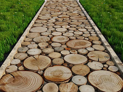 Scenic Garden Pathway Paved With Wooden Slices And Green Grass 3d model
