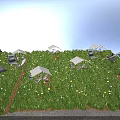 Cozy Tents On Green Meadow With Deck Chairs String Lights And Dandelions