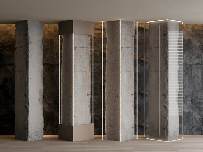 Modern Concrete Columns With Illuminated Edges In Textured Stone Background Interior Space 3d model