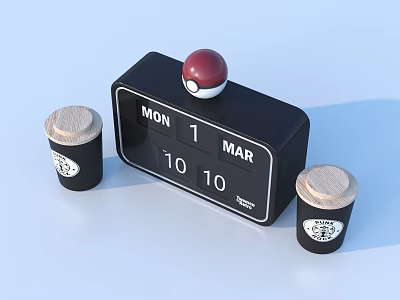Black Flip Clock with Red Decorative Ball and Two Wooden Lid Jars on Blue Surface 3d model