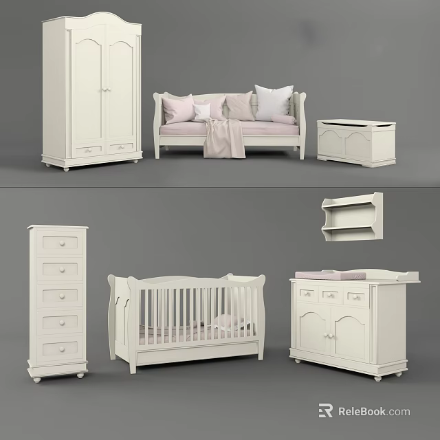 White Wooden Baby Crib With Wardrobe Dresser And Storage Chest In Nursery Set 3d model 