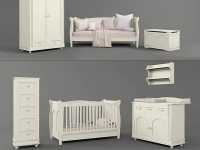 White Wooden Baby Crib With Wardrobe Dresser And Storage Chest In Nursery Set 3d model