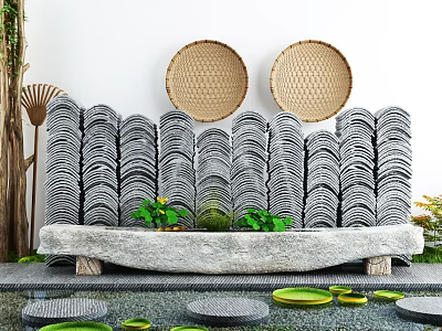 Courtyard Garden Design With Stone Wave Screen Wicker Decorations Green Plants And Water Feature 3d model