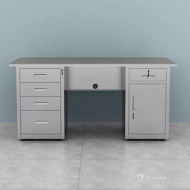 Modern Gray Office Desk With Four Drawers Right Side Cabinet And Cable Management Hole 3d model 