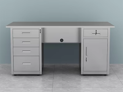 Modern Gray Office Desk With Four Drawers Right Side Cabinet And Cable Management Hole 3d model