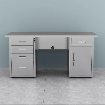 Modern Gray Office Desk With Four Drawers Right Side Cabinet And Cable Management Hole 3d model