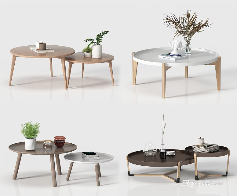 Stylish Modern Coffee Tables With Round Tops Wooden Legs And Decorative Plants 3d model 