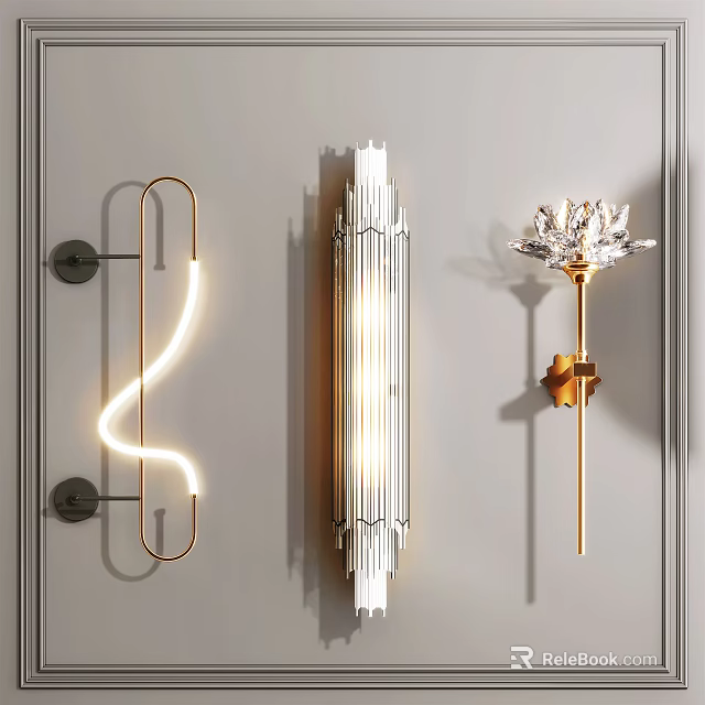 Modern Wall Lamps With Curved Metal Frame Long Striped Design And Flower Shaped Gold Base 3d model 