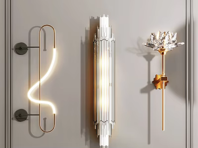 Modern Wall Lamps With Curved Metal Frame Long Striped Design And Flower Shaped Gold Base 3d model