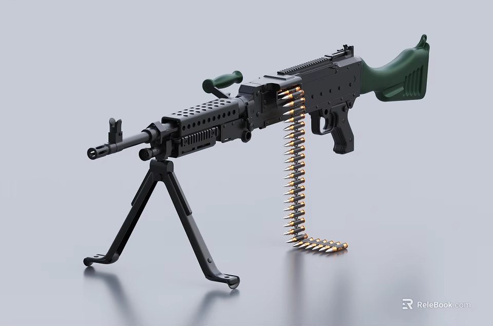 Realistic Machine Gun Model With Tripod Stand Green Grip And Ammunition Chain 3d model 
