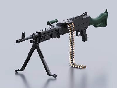 Realistic Machine Gun Model With Tripod Stand Green Grip And Ammunition Chain 3d model