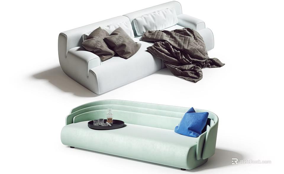 Modern Sofa Set With White Sofa Brown Cushions Blanket Light Green Sofa Blue Cushion Tray 3d model 